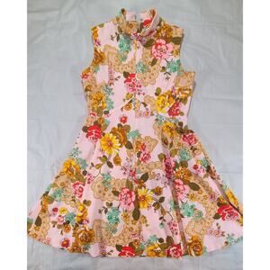 1970s Vintage Dress A-line Fit N Flare Pink Paisley Floral Sleeveless Sz 12